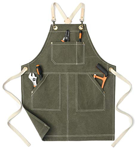 Jeanerlor - Wasserabweisende Arbeitsschürzen für Damen und Herren, Segeltuch, Werkzeugschürze mit Taschen, verstellbar von S bis XXXL, Olivgrün, Medium