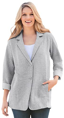 Woman Within Plus Size Knit Blazer Oversized Work & Casual - 26/28, Heather Grey