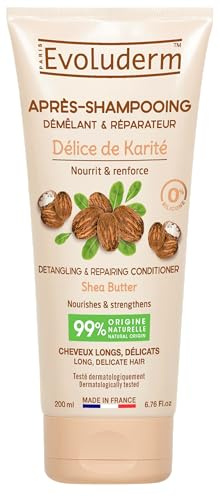 EVOLUDERM - Après-Shampoing Démêlant & Réparateur Délice de Karité - 200 ml - 95% d'Ingrédient d'Origine Naturelle - Végan - Fabrication Française