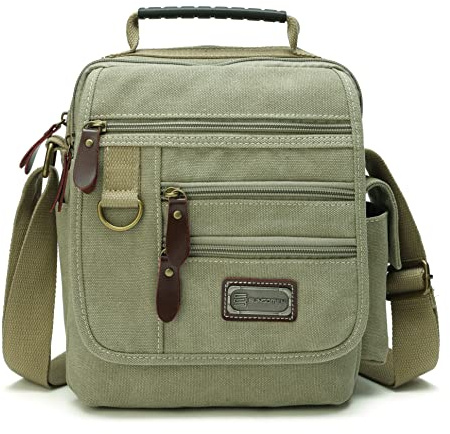 SUNSOMEN Mens bag Canvas Shoulder Bag Small Messenger Crossbody Work Bag Vintage Multi-function (Khaki green)