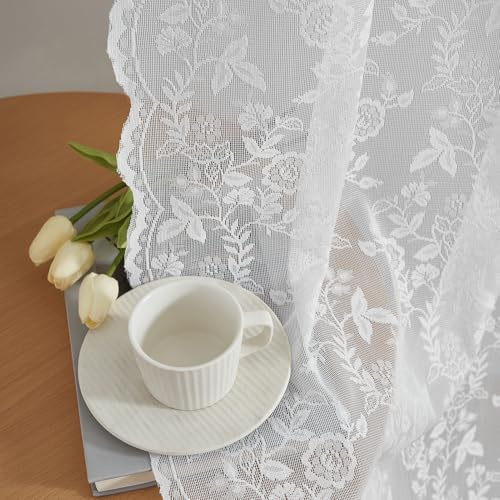 FINECTIY White Lace Curtains for Living Room, Shabby Chic Branch Leaf Floral Lace Window Panels 84 Inch Length, Privacy Scalloped Trim Vintage Lace Sheer Curtains, 52 x 84 Inch, 2 Panels, White