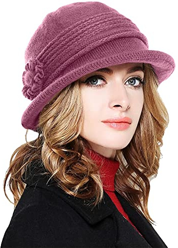 CheChury Wintermütze Damen Mütze mit Shirm Damen Schirmmütze Damen Baskenmütze Beanie Barett Warm Strickmütze Winter Fleece Innerhalb Gefütterte Mütze Damen Vintage Wolle Dicke Barett,Rosarot
