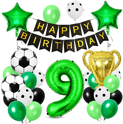 Fotbollsballong 9 år, folieballonger fotboll, födelsedagsdekoration fotboll 9, trofé ballong, ballonger grön svart, för barn pojke födelsedagsfest dekoration