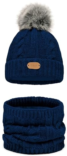 Alur Mütze Kinder Unisex Beanie mit Loop Schal Set Wintermütze Strickmütze mit Bommel - Warme Elastisch Elegant Winter Mütze Schal EKO Bommelmütze - Weiches Garn Stilvoll Warm (Marine)