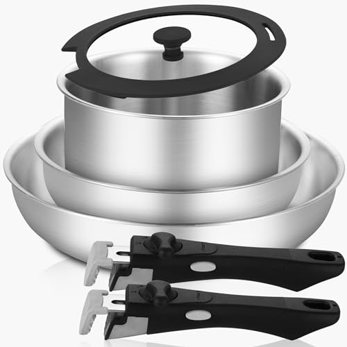 Inqibee Tri-ply Stainless Steel Detachable Handle Pan Set 6 pcs,Compatible with All Stoves,Induction & Oven Safe, Stackable cookware Set Ideal for Small Kitchen storages