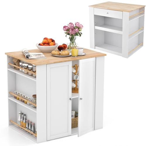 COSTWAY Kitchen Island Cabinet, Buffet Storage Sideboard with Rubber Wood Countertop, 2-Door Cabinet, Drawer, 2 Open Shelves and 6 Spice Racks, Serving Utility Cabinet Organizer for Home Dining Room