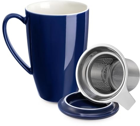 LEKUNI Taza Té de Porcelana con Infusor y Tapa, Accesorio de Té con Filtro, Taza de Té de Hojas Sueltas con Infusor, 450ml para Té/Café/Leche/Mujer/Oficina/Hogar/Regalo (Azul Real)