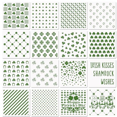 6in Shamrocks Cookie Stencils for Royal Icing, St Patrick's Day Green Shamrock Clover Gnome Stencils for Sugar Cookie, 16 Pcs Assorted Sizes Irish Template for Baking Drawing Dessert Coffee Decor