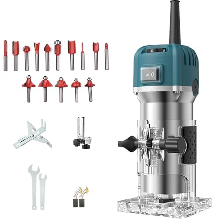 Weytoll Rifilatore Fresatrice Verticale 800 W 30.000 giri/min con 15 frese, diametro mandrino 6,35 mm, base trasparente con guida - Blu