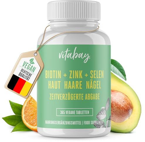 Vitabay Biotin Hochdosiert 10000mcg 365 Tabletten Time Released & Vegan - Haar Vitamine Hair Vitamins Biotin Haare Zink Selen Haut Haare Nägel Kapseln - Haarvitamine für Frauen Tabletten