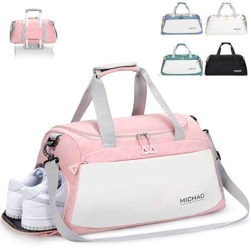 Damcyer Reisetasche Sporttasche Damen Reisetasche Groß 48x23x27 Sporttasche Mit Schuhfach Und Nassfach Wasserfest Handtasche Duffle Bag Für Sport & Reisen Für Männer Und Frauen, Weiß+Rosa