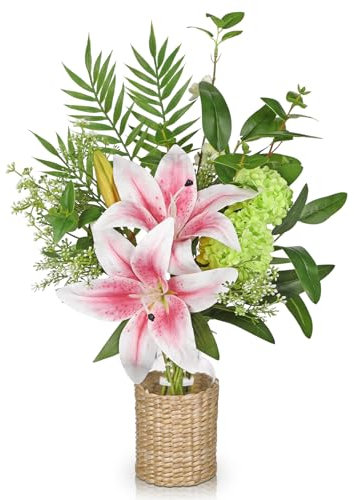 Hollyone Rosa Künstliche Lilien mit Glasvase Falsche Tigerlilie mit Grünpflanze in Vase Kunstblume Lilie Moderne Heimdekoration Tafelaufsatz Vielseitig Hochzeit Tischdekoration