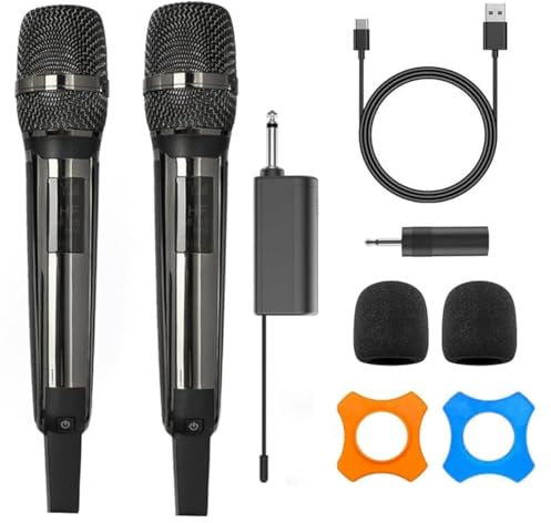 HUACAM Microphones sans fil UHF en métal rechargeable avec récepteur de 6,35 mm et 3,5 mm pour karaoké, chant, discours, églises, réunions, mariages (noir)