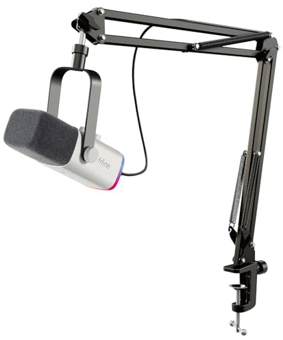 FIFINE XLR Streaming Micrófono Dinámico de Podcast, RGB Gaming Micrófono USB con Soporte Microfono per Ordenador PS4 PS5, para Podcast Estudio Podcasting Grabación - Blanco