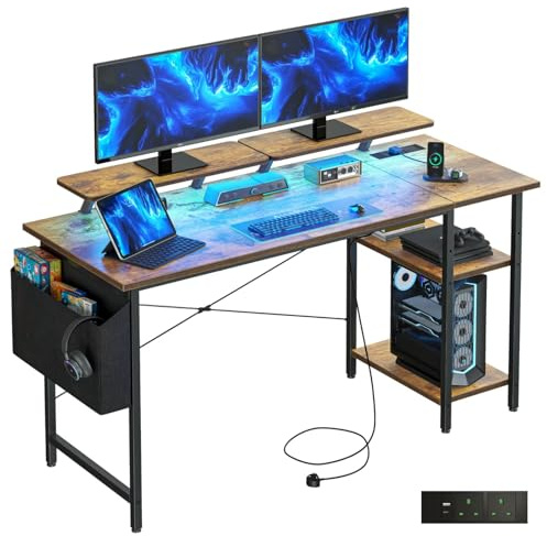 DOMSHOCT Gaming Desk with LED Lights & Power Outlets, Reversible Computer Desk with Storage Shelves & Dual Monitor Stands, for Home Office & Study, 120×50cm Brown