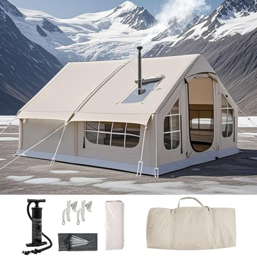 Tienda de Campaña Inflable con Bomba, Fácil de Montar 4 Estaciones Glamping Tienda con Apertura de la Chimenea, Tienda de campaña 6 Personas con Techo Solar Transparente Fácil Montaje