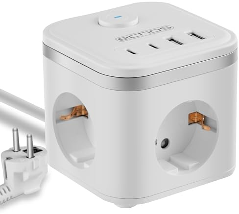 Echos - 7-in-1 Steckdosenwürfel mit Kabel 3 Fach Mehrfachsteckdose mit USB C - Steckdosenleiste 4 Fach USB Mehrfachstecker mit Schalter Cube Steckdosenadapter mit Kindersicherung (mit 2M Kabel Weiß)