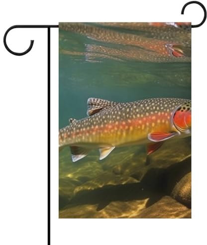 Drapeau de jardin avec pêche à la truite de ruisseau pour décoration extérieure, bannière de jardin saisonnière double face, panneau de bienvenue durable pour terrasse, pelouse, cour et décoration de