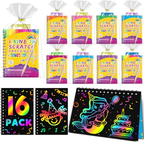 Party Bag Fillers for Kids - Scratch Art Rainbow Magic Paper Set, Arts & Crafts Travel Activity, Birthday Gifts for Kids Aged 4-9, Classroom Rewards for Boys and Girls (Y-16 Pack)