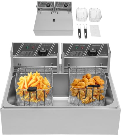 ROGONPDK Friggitrice elettrica professionale, doppia friggitrice elettrica da 12 l, in acciaio inox, doppia zona fredda, 3,2 KW Gastro zona fredda, friggitrice elettrica con controllo della