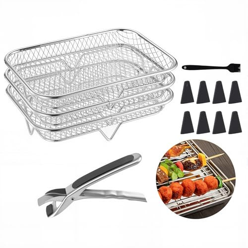 3 griglie per friggitrice ad aria calda, con 8 tappetini, 1 morsetto e 1 spazzola per olio nera, Accessori per friggitrice ad aria calda