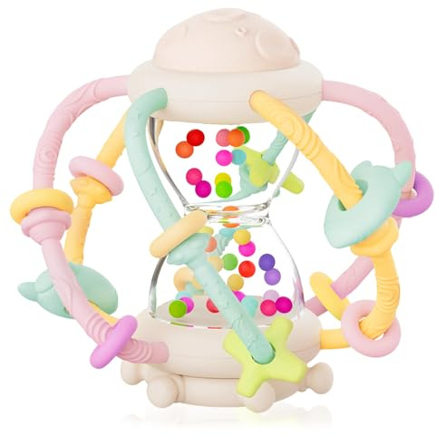 Jouet Bébé 6 9 Mois, jouets sensoriels anneau de dentition, hochet bébé, jouet d'éveil Montessori, anneau de dentition en silicone sans BPA, Cadeau Naissance Fille et Garçon (Jaune)