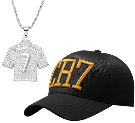PSFXBM 2pcs Ronaldo Gifts for Boys, Ronaldo Football Kits for Kids, CR7 Baseball Cap with Necklace, Adjustable Hat for Games, Birthday and Sports Events, Perfect for Young Football Fans Black