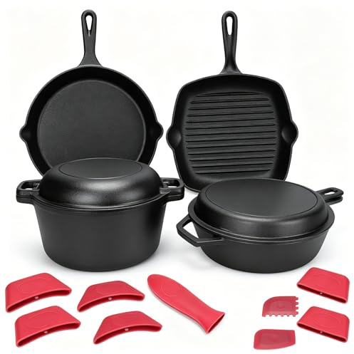 GFTIME Juego de utensilios de cocina de hierro fundido, 5 piezas, sartén de 28 cm, sartén de 30,5 cm, horno holandés 5QT, olla de 3,2 QT con tapa de 1,6QT, ollas y sartenes de hierro fundido