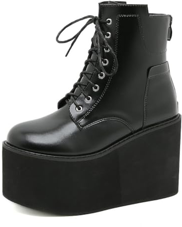 Botines De Plataforma De Tacón Alto De Cuña para Mujer con Cordones Botas Militares Punk Góticas con Cremallera,Negro,35 EU