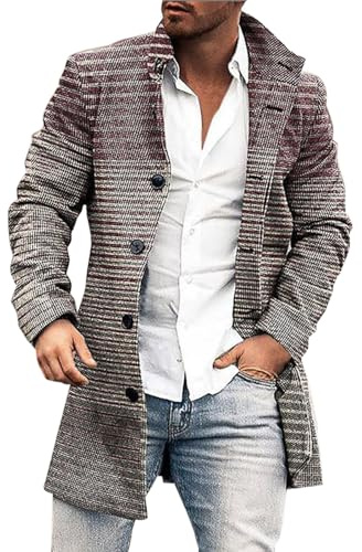 Abrigos de invierno para hombre, largos, mezcla de lana con patrón de espiga, abrigo con cuello de ojal, elegante, a cuadros, largo, acolchado, con botones, chaqueta clásica de invierno, forro de