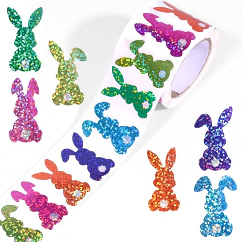 500pz Brillantini Pasqua Coniglio Adesivi, 2,7x3,8cm Olografico Coniglio Rotolo Adesivi 6 Colori Sigilli Busta per Bambini, Riempi Cestino Pasquale Cartoline Etichetta Regalo