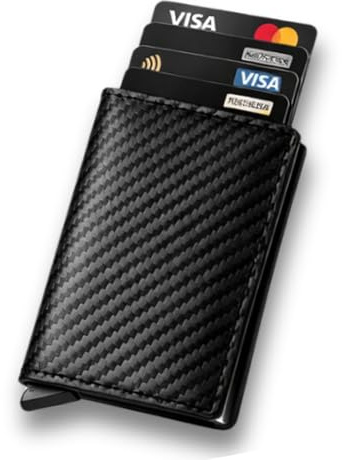 Cruban Cartera Minimalista Hombre RFID – Tarjetero Pop Up de Fibra de Carbono, Slim Wallet con Acceso Rápido para Tarjetas, Cartera Inteligente Antirrobo con Clip para Billetes