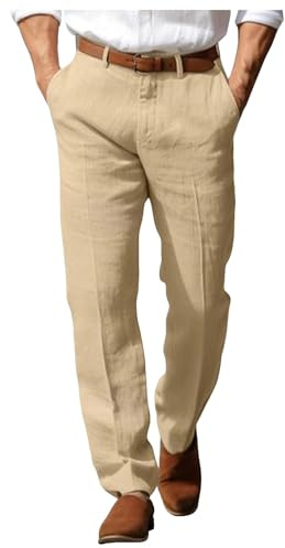 Pantalon en Lin Homme Coton été léger Respirant décontracté Plage Vacances Tenue été Chic Taille élastique Cordon A294