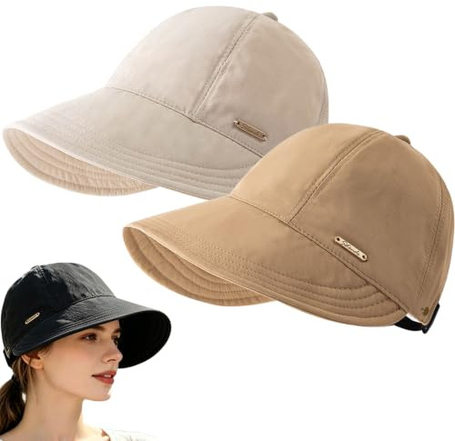 Women's Wide Brim Sun Visor Hat, UPF 50+ UV Protection Cap for Ponytails, Adjustable Packable Visor Cap for Hiking Golf