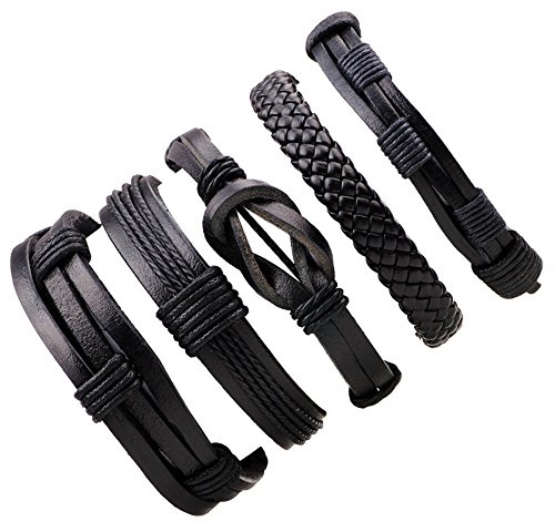 Thajaling 5 bracciali in pelle nera per uomo donna corda intrecciata braccialetto avvolgere a mano regolabile