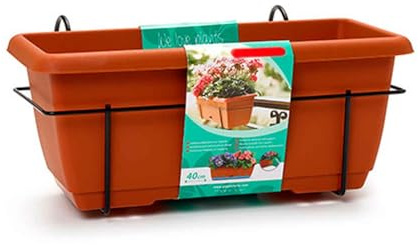Acan Tradineur - Jardinera para balcón con Soporte metálico y Plato - PLFT - 40 x 19,5 x 17 cm - Macetero de plástico para Colgar, 8L con Plato Integrado para Agua (Marrón)