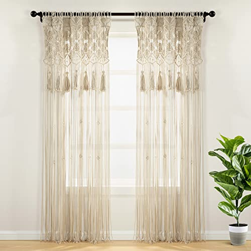 Lush Decor Boho Macrame Tassel Cotton Window Curtain/Room Divider/Wedding Backdrop/Wall Decor, 84 L x 50 W, Neutral
