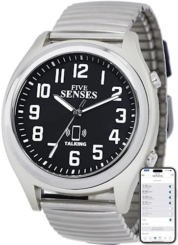FIVE SENSES Smart Atomic Talking Watch for Visually Impaired, App Controlled Second Generation Atomic Talking Wrist Watch for Blind and Seniors, Large Numbers Watch with Expansion Band 1739C, SILVER