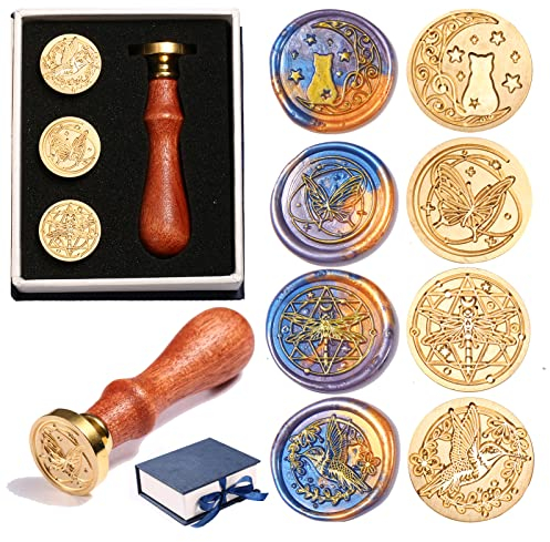 Comealltime 4 Tier-Wachs-Stempel, Siegelstempel, Wachs-Siegel mit Holzgriff (Schmetterlinge, Kolibri, Katze, Libelle), für Briefumschlag für Hochzeitskarten zum Geburtstag (Tier)