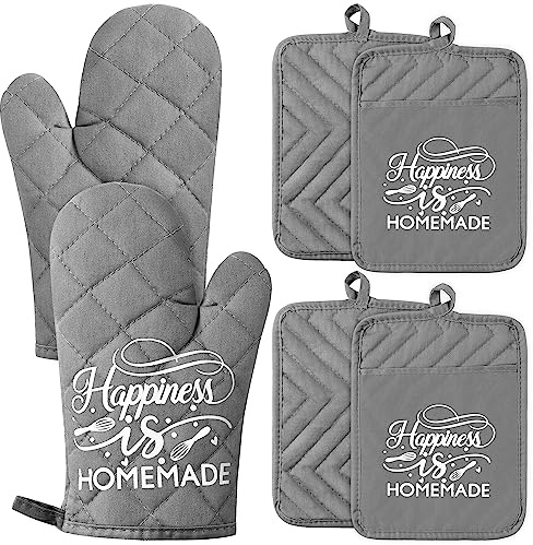 GROBRO7 6Pcs Cotton Oven Mitts and Pot Holders Set Happiness is Homemade Heat Resistant Hot Pad Machine Washable Microwave Gloves with Hanging Loop Pocket Potholder for Kitchen Baking Cooking Grilling