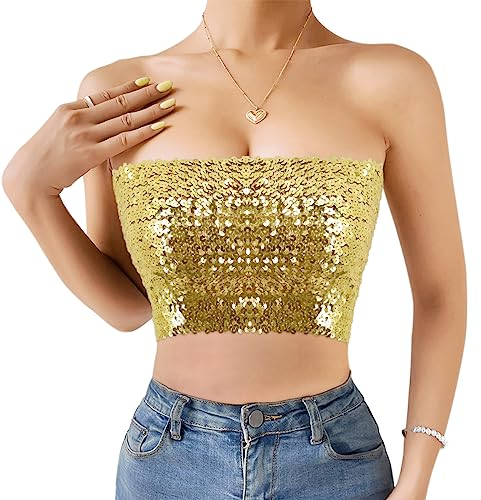 Naimo Damen Glitzer Pailletten Crop Top Schulterfreies Bandeau Tube Top Sparkle Trägerlos Tops Bluse Party Rave Oberteil