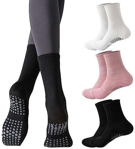 NITAIUN 3 Paar Yoga Socken für Damen, Grip-Socken Anti-Rutsch-Socken Rutschfeste Sport Socken Athleticsocke für Yoga Barre Fitness Pilates Ballett Wandern fußball Basketball (3 Paar)