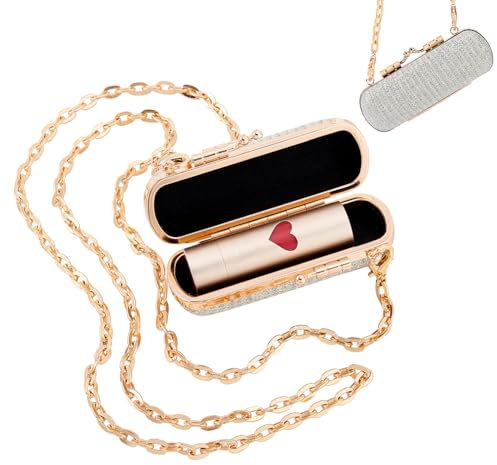 WADORN Étui à Rouge à Lèvres avec Chaîne, Porte-Rouge à Lèvres en Strass, Pochette de Maquillage avec Chaîne Mini Boîte de Rangement Portable pour Rouge à Lèvres pour Cadeau de Fête des Mères, Platine