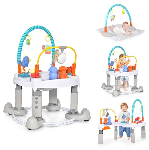 GYMAX Baby Activity Centre, Folding 4-in-1 Toddler Convertible Play Center with Baby Walker, Bouncing Saucer, Play Table & Mat, 3-Level Adjustable Height Infant Learning Center for 0-24 Months (Gray)