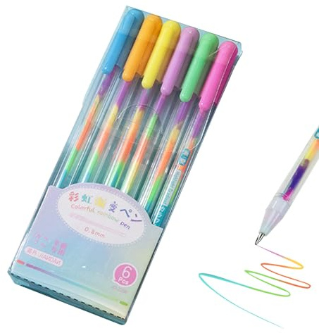 6 Stylos Stylo Gel Couleur Neon Gelstifte, 0,8mm Stylos Gel Arc en Ciel Rainbow Gels Pens Stylo à Changement de Couleur pour Écrire Dessiner Journaliser Griffonner Scrapbooking Croquis