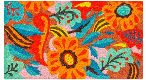 Baroni Home Paillasson Entrée en Fibre de Coco Peint à la Main, Tapis d’Extérieur avec Fond Antidérapant Facile à Nettoyer et Résistant, Composition Fleurs Fond Rose, 70x40 cm