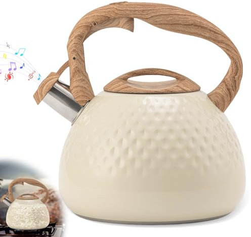 GOMETY Moderne Wasserkessel Induktion, 3L Edelstahl Pfeifkessel, Flötenkessel mit Holz-Farbe Griff, Teekessel für alle Kochplatten Wasserkocher Teekocher für Tee & Kaffee