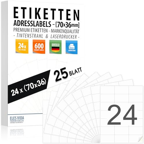 Adressaufkleber 70x36 mm (600 Etiketten – 25 Blatt A4) selbstklebend, bedruckbar, Inkjet & Laserdrucker für Adressen, Pakete und Briefe hochwertige Adressetiketten, Druckeretiketten Universaletiketten