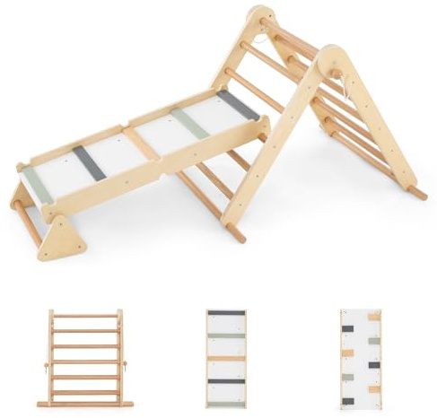 HOMASIS 3 en 1 Triangulo Pikler para Niños, Gimnasio Bebé Montessori con Escalada y Camino de Equilibrio, Juguete de Madera, 115 x 69 x 59 cm, Natural