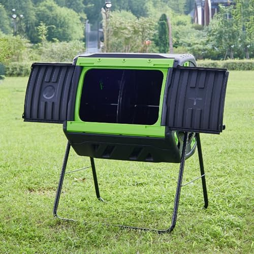 HSHBGS 200L Compostiera Girevole, Compostiera Rotante per Giardino, Compostera da Giardino con Fori per l'aria, Compostiera Domestica a Doppia Camera con Telaio di Supporto in Ferro, Nero